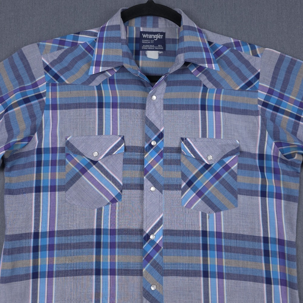 Wrangler Western Pearl Snap Mens 16.5 Gray Plaid X-Long Tails Cowboy Cut